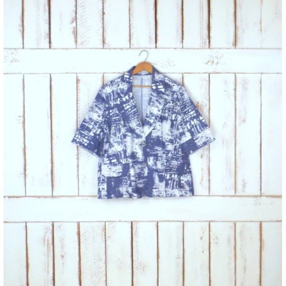 90s vintage blue white short sleeve boxy blazer jacket graphic print - Picture 5 of 5